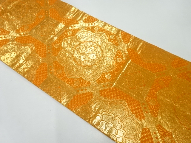 JAPANESE FUKURO OBI / GOLD FOIL / REVERSIBLE / WOVEN FLOWER CREST / BY HATTORI ORIMONO